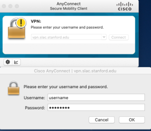 Screenshot of the AnyConnect  log in screen requesting username and password